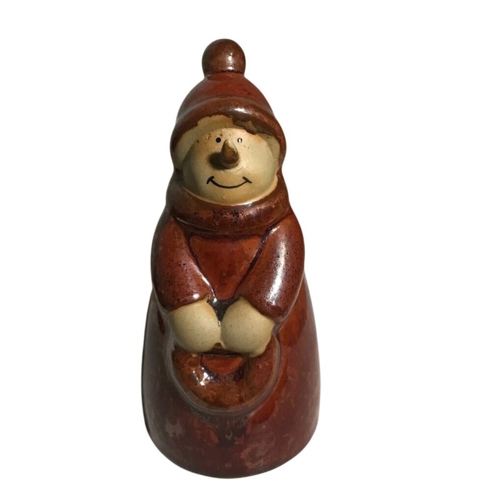 Ceramic Smiling Snowman Figurine 5" Tall Burgandy Beige Winter Decor Collectible